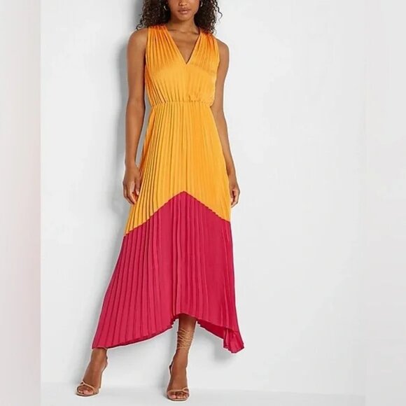 Express Satin Pleated Color Block Maxi - Picture 1 of 6